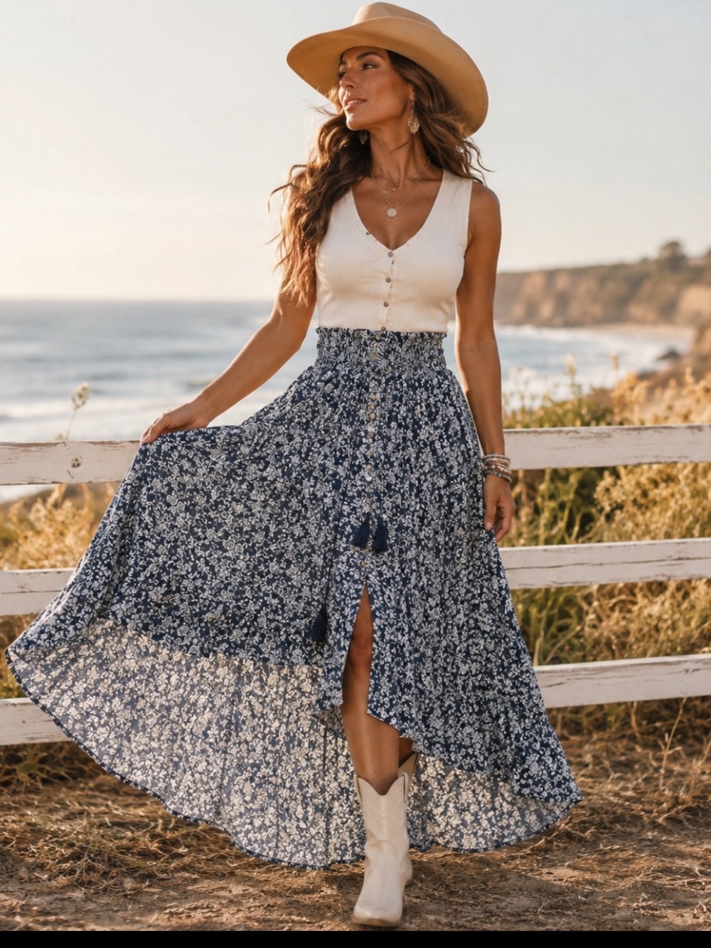 Rachel Zoe Boho Floral Button Front High-Low Maxi Skirt XS